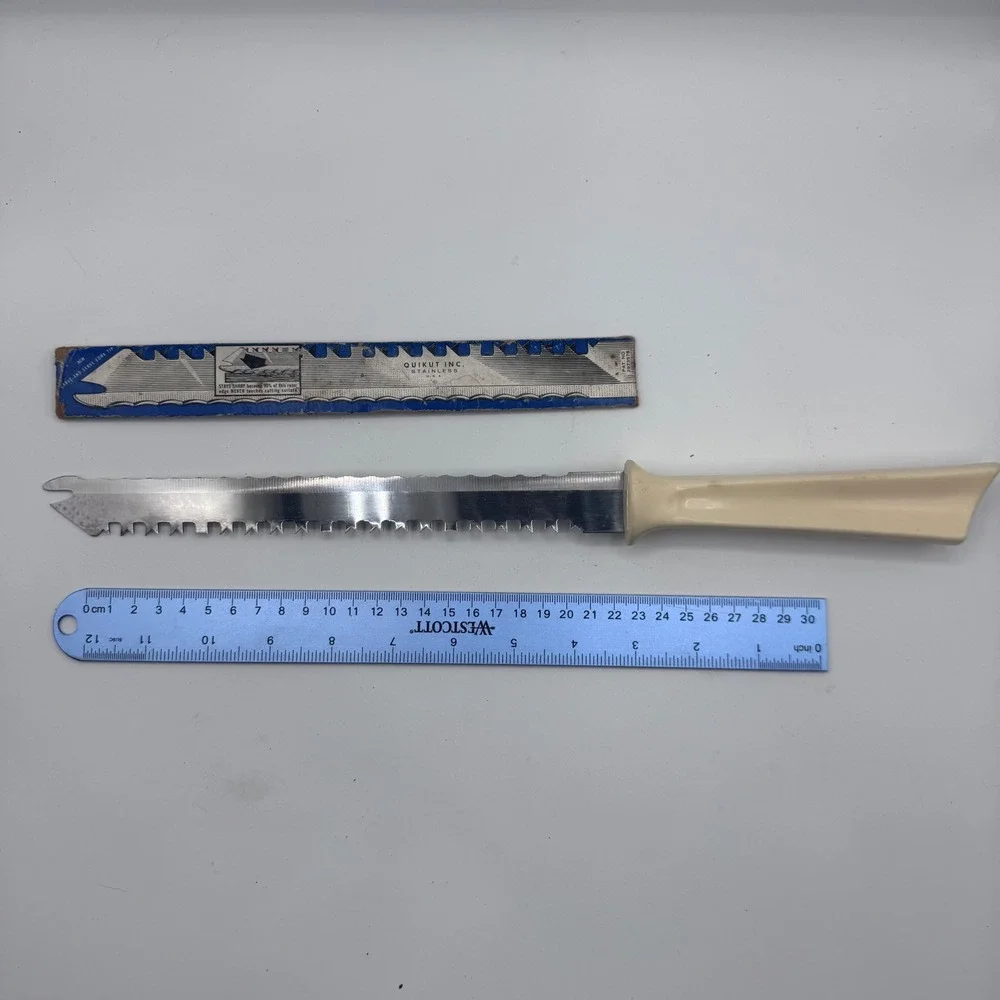 Vintage Quikut Quikkle Stainless Steel Knife Serrated Blade Cream Handle USA